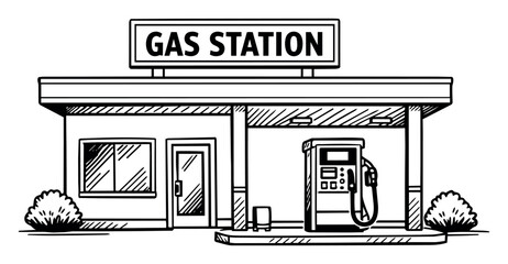 Fototapeta premium Gas station building with a fuel pump, providing gasoline for vehicles. Hand drawn line art illustration of a petrol service stop
