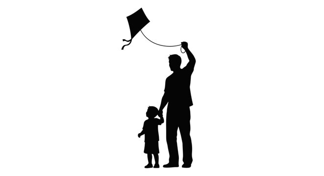 Happy Father's Day Father, child, kite flying, silhouette, family fun, outdoor activity isolated on White Background vector