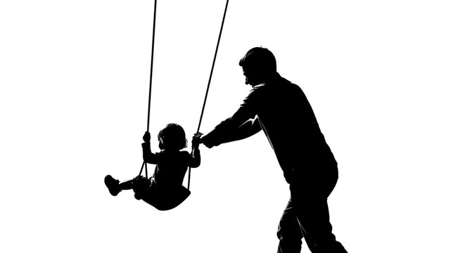 Happy Father's Day Silhouette of man pushing child on swing, black silhouette, father and kid play, outdoor fun isolated on White Background vector