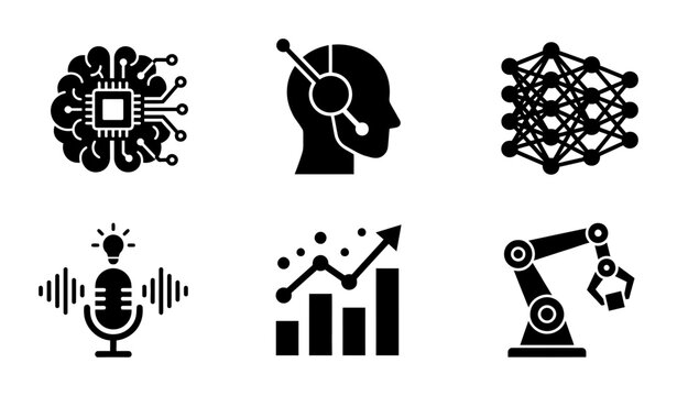 AI and Machine Learning Icons: Neural Network, Brain Chip, Robot Arm, Data Analytics, Podcast AI