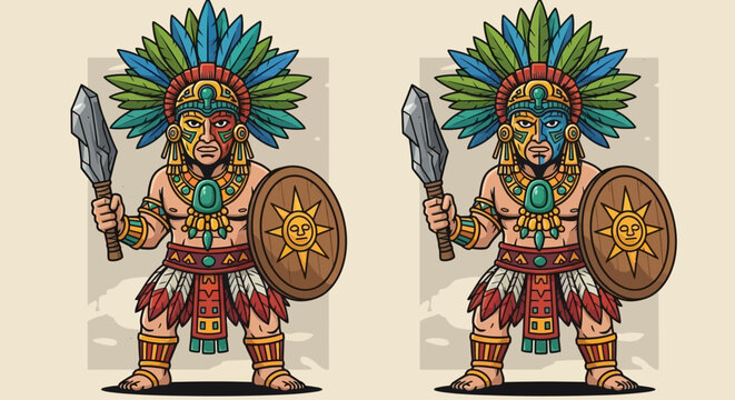 Aztec Warriors with Feathers and Shields
