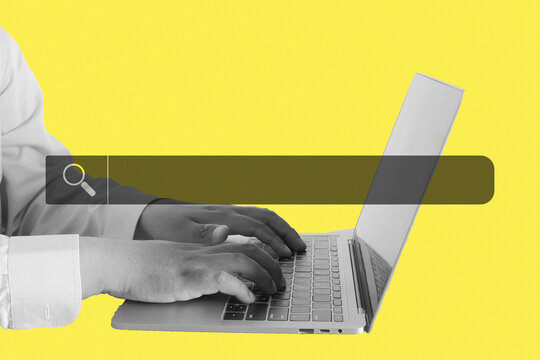 Black and white hands typing on laptop computer with blank web search bar mockup on yellow background. Internet browsing, SEO digital marketing, and online research pop art collage concept.
