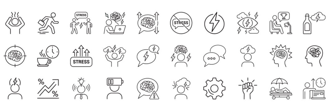 Mental health and stress management line icon collection for business and lifestyle