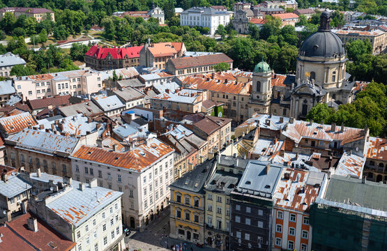 Aerial View Of Historic Lviv Old Town Architecture
