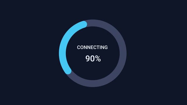Animated circular connection indicator with percentage display and smooth progress motion on a dark background. Ideal for network access, server communication, device pairing, online services, and tec