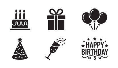 Fototapeta premium Birthday celebration vector icon set. black silhouettes for happy event design.