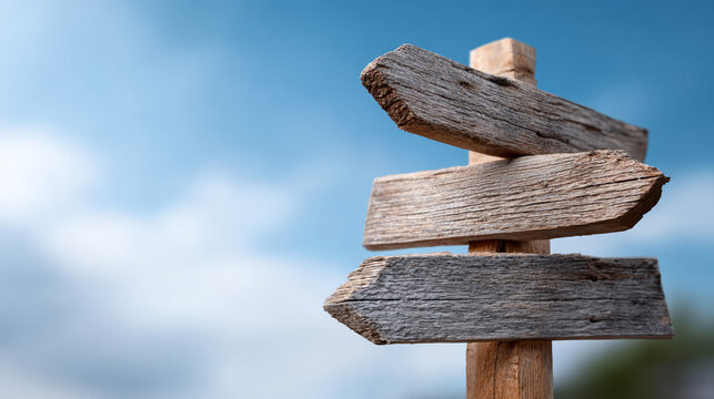 Weathered wooden signpost pointing directions against blue sky
