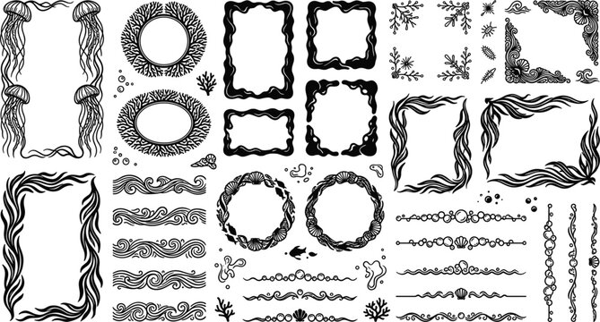 Underwater ocean life nautical border frames and decorative dividers set featuring sea weeds jellyfish shells waves tentacles for marine designs vector