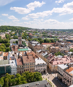 Aerial View of Historic Rynok Square in Lviv Ukraine