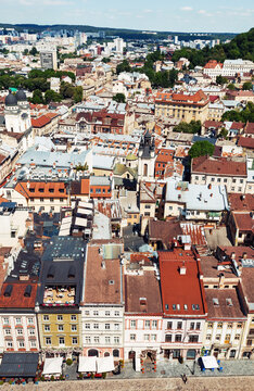 Aerial View Of Historic Old Town Lviv Ukraine Rooftops