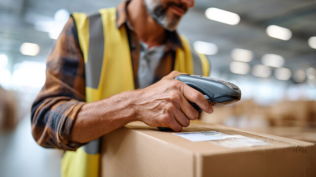 Warehouse worker scanning package in distribution center