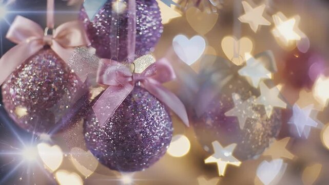A dazzling pair of glittery purple and blue Christmas baubles with ribbons hanging against a warm bokeh backdrop
