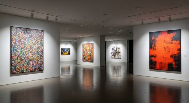 Modern abstract paintings displayed in minimalist art gallery with pol