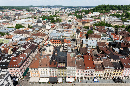 Panoramic View of Historic Rooftops in Lviv Old Town