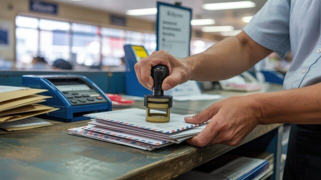 Postal clerk stamps a stack of papers at a customer service desk in a busy logistics office mail facility.