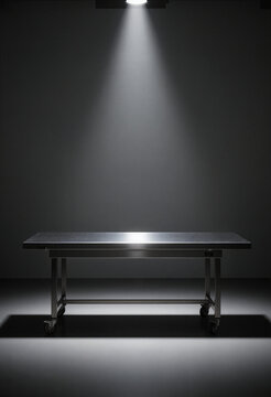 Empty Stainless Steel Autopsy Table Illuminated by Spotlight