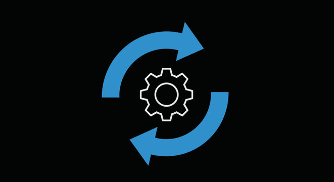 Abstract illustration of system update, cyclic process, and mechanism on black background