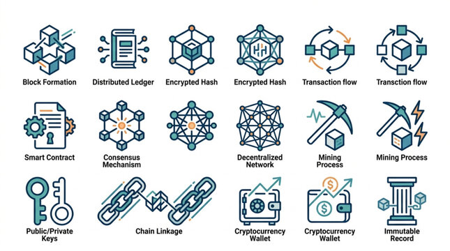 Blockchain Technology and Cryptocurrency Icons Set.