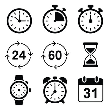 A collection of black and white representing time, clocks, calendars, and various measurement tools