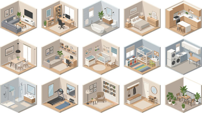 Isometric Home Interior Room Set with Living Room, Kitchen, Bedroom, Bathroom, Home Office, and Balcony layouts for Architecture Planning, Real Estate Marketing, and Interior Design Infographics