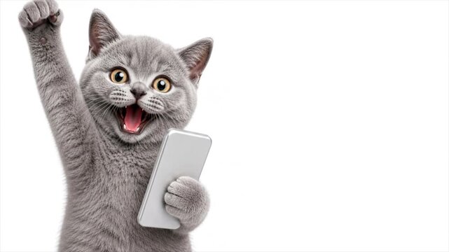 Happy gray cat celebrating victory with smartphone on white background