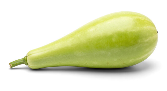 A light green bottle gourd rests on a transparent background. The elongated squash has a smooth skin and a pointed tip.