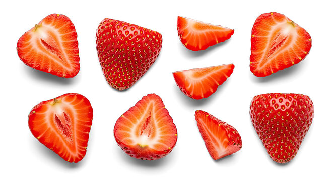 Several strawberry slices are arranged on a transparent background. The strawberries are cut into various shapes, showcasing their juicy interiors.