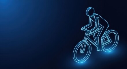 Fototapeta premium Neon blue outline of a cyclist on a bicycle in motion against a dark background, representing sport and activity
