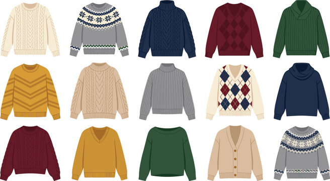 Winter Sweater and Knitwear Vector Icon Set with Cardigans, Turtlenecks, Pullovers, and Argyle Patterns for Fashion Retail Catalogs, Autumn Apparel Design, and Seasonal Wardrobe Graphics