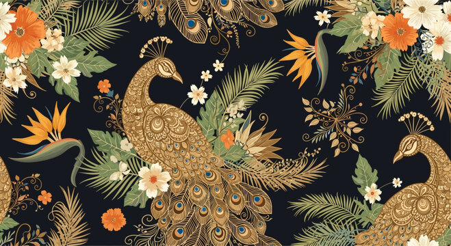 Luxurious seamless pattern with golden peacocks and tropical flowers and palm leaves on a dark navy blue background for wallpaper.