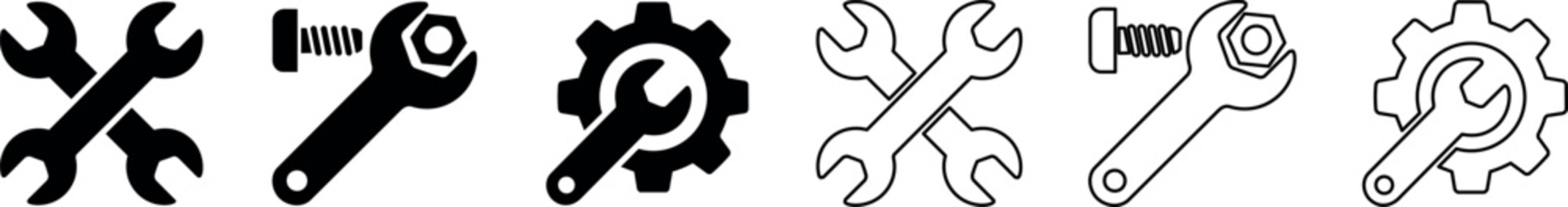 Wrench and screw icon set with gear and crossed wrenches in black and outline styles