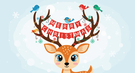 Fototapeta premium Festive christmas reindeer with merry christmas bunting across its antlers and colorful birds in a snowy background.