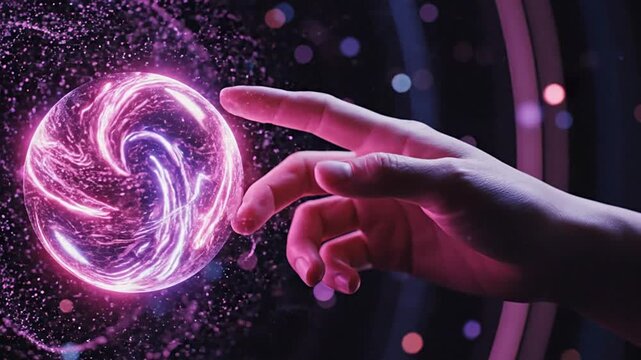 Hand interacting with a luminous AI sphere, symbolizing future technology, data connection, and innovation. Perfect for themes of virtual reality, metaverse, quantum computing, and digital...