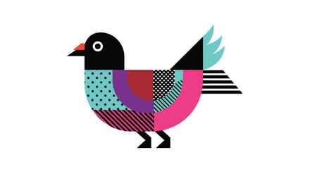 Fototapeta premium Creative geometric bird illustration composed of various colorful patterns, dots, and stripes in a modern art style.