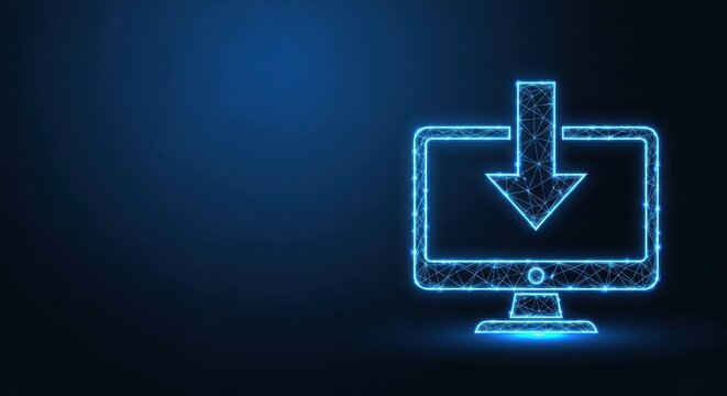 Digital Computer Icon Featuring Download Arrow Symbol on Futuristic Blue Background
