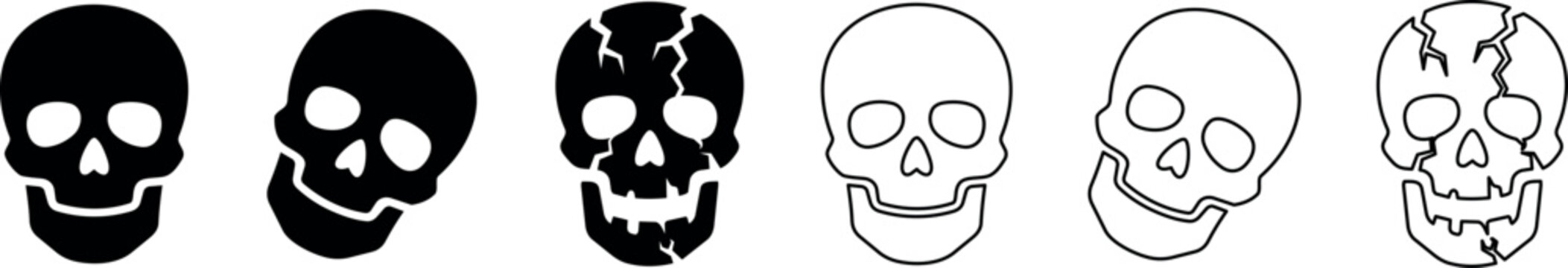 Set of six simple skull icons in black and white with cracks and tilted heads