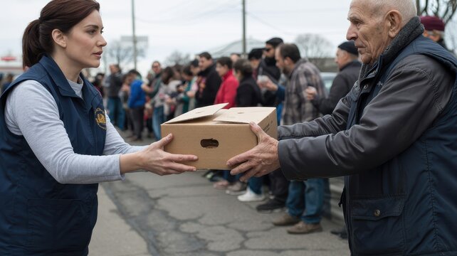 Volunteer hands a food parcel to an elderly man while people wait in a line for humanitarian assistance aid.
