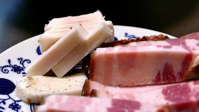 Pieces of bacon on a plate.