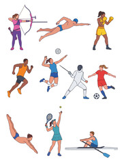 Fototapeta premium Active Women Sports and Fitness Illustration Set with Swimming, Weightlifting, Running and Healthy Lifestyle Elements