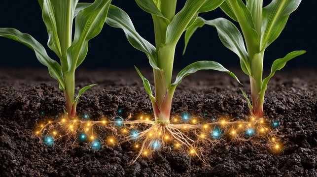 Corn plant roots underground with glowing nutrient absorption and soil structure