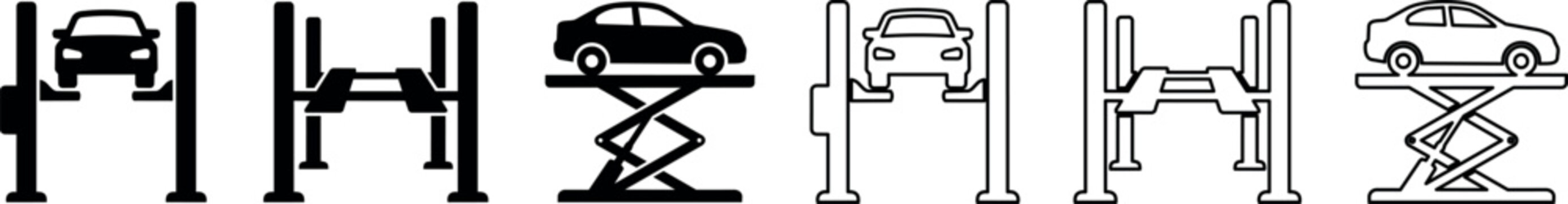 Car on hydraulic lift and scissor lift garage outlines and silhouettes