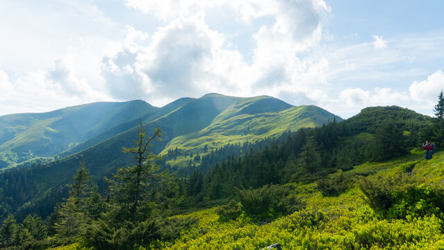 Green Mountain Landscape with Cloudy Sky, Pishkonya mountain range, Carpathians, mountain peak, fog, green silhouettes