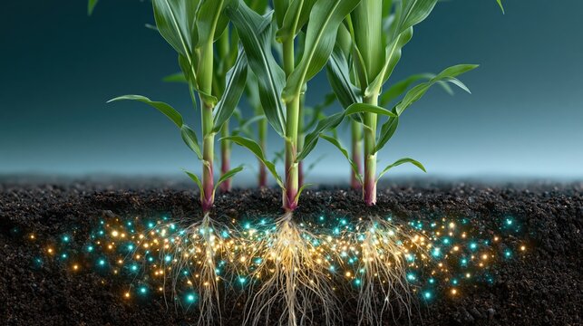 Corn plant roots absorbing glowing nutrients in fertile soil underground