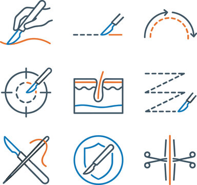 Medical Surgery and Surgical Incision Line Icon Set with Scalpel Skin Cross Section Target Sutures and Plastic Procedure Symbols Vector Design