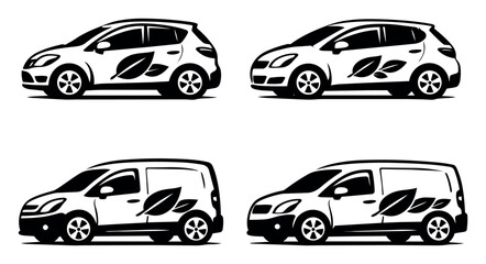 Naklejka premium Eco friendly vehicle designs presenting electric cars and delivery vans adorned with green leaves, symbolizing sustainable urban transport