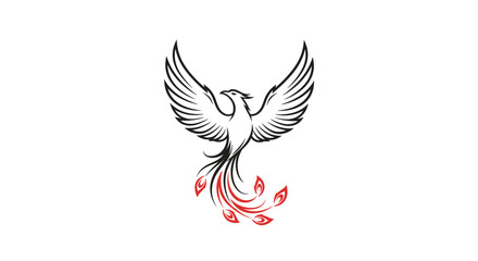 Fototapeta premium Powerful black phoenix silhouette rising with its wings spread and red flame like feathers on its long flowing tail.
