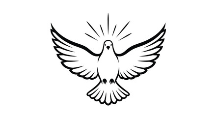 Fototapeta premium Black and white illustration of a dove in flight with rays of light shining above its head, symbolizing peace and hope.