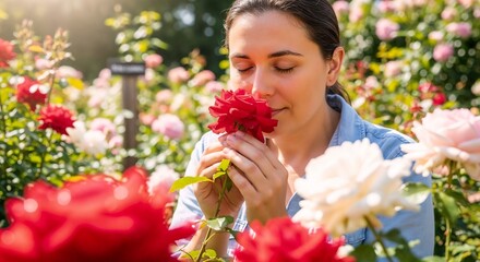 Naklejka premium Person smelling beautiful flowers in vibrant rose garden with red and white roses blooming. Woman enjoys fragrant roses and captures essence of nature in peaceful floral setting.