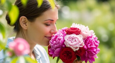 Naklejka premium Woman smelling peonies and roses bouquet while standing in a garden. Enjoying floral scents, she connects with nature through vibrant flowers,