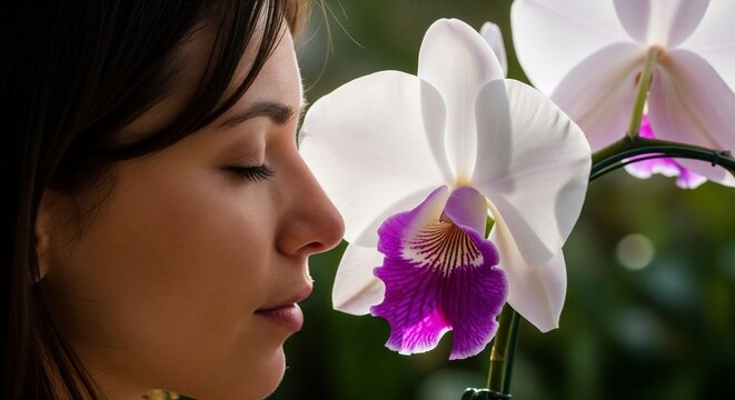 Person smelling orchid bloom with serene expression while enjoying delicate flower's fragrance. Close-up of beauty appreciating orchid's stunning features in natural setting.